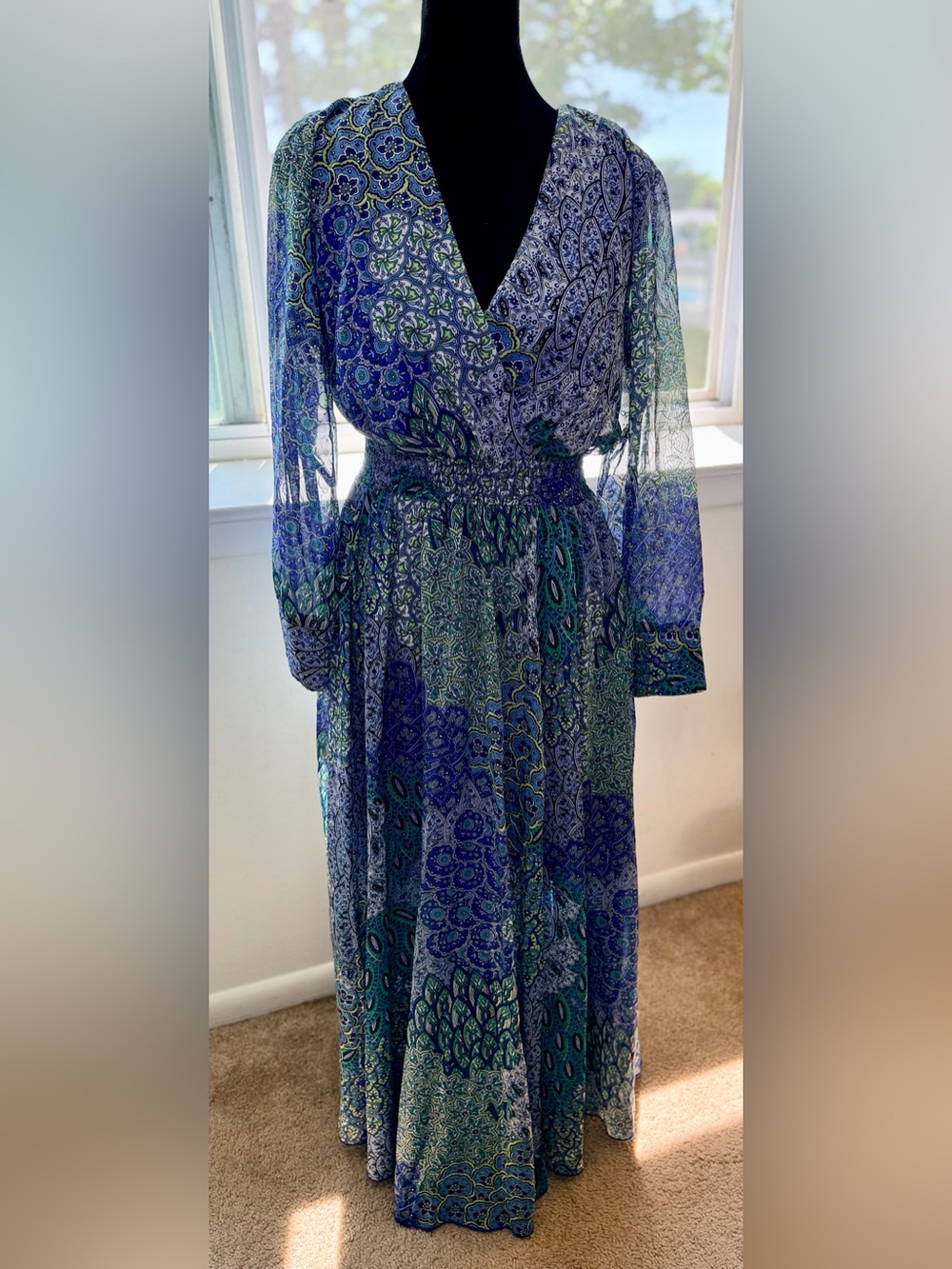 Alexa B Nite maxi blue green paisley dress resort chic party petite size 6 - Picture 2 of 12